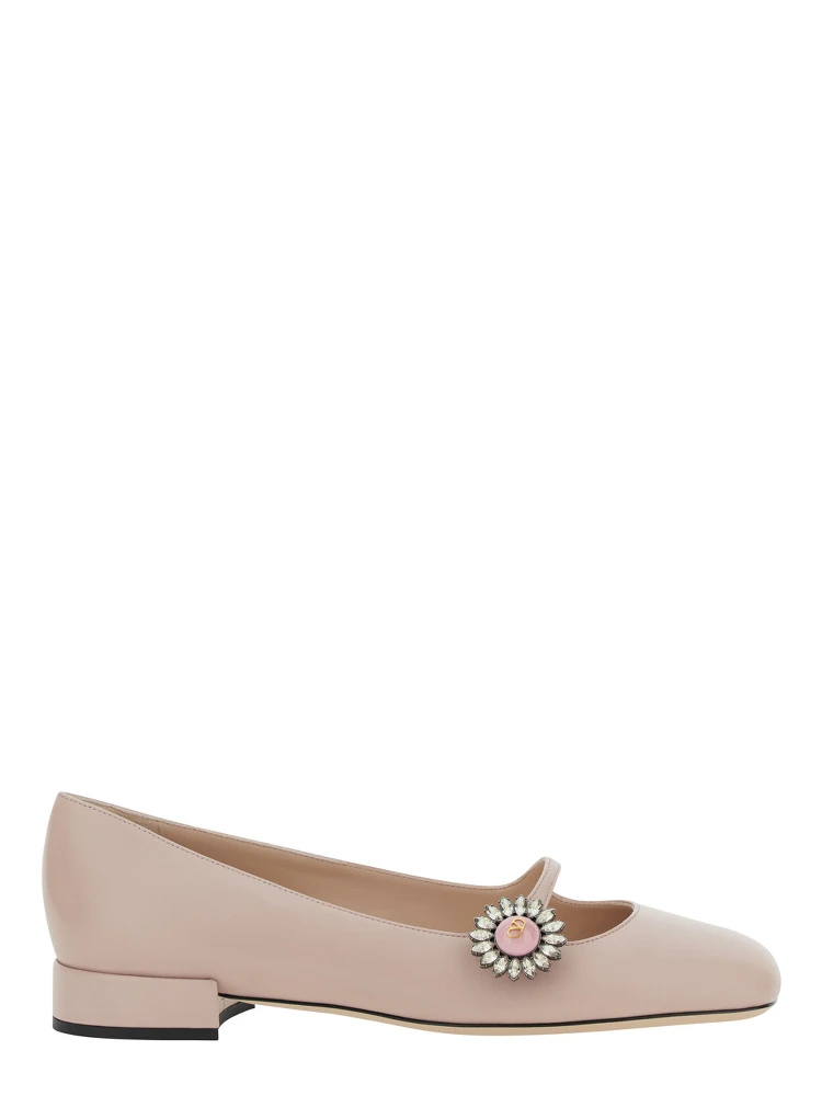 Preshoes Pink Ballerinas with Decorative Plate and Low Laminated Heel in Leather Woman