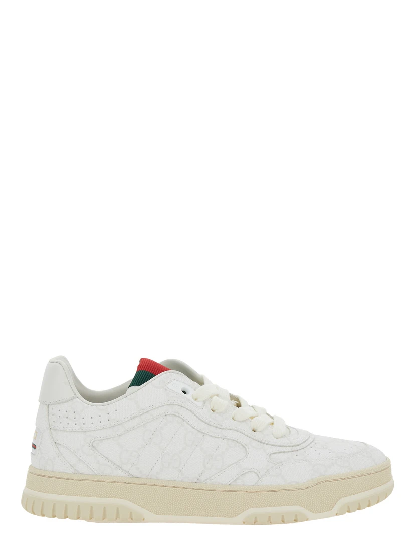 Re-Web White Low Top Sneakers with All-Over GG Motif in Leather Woman