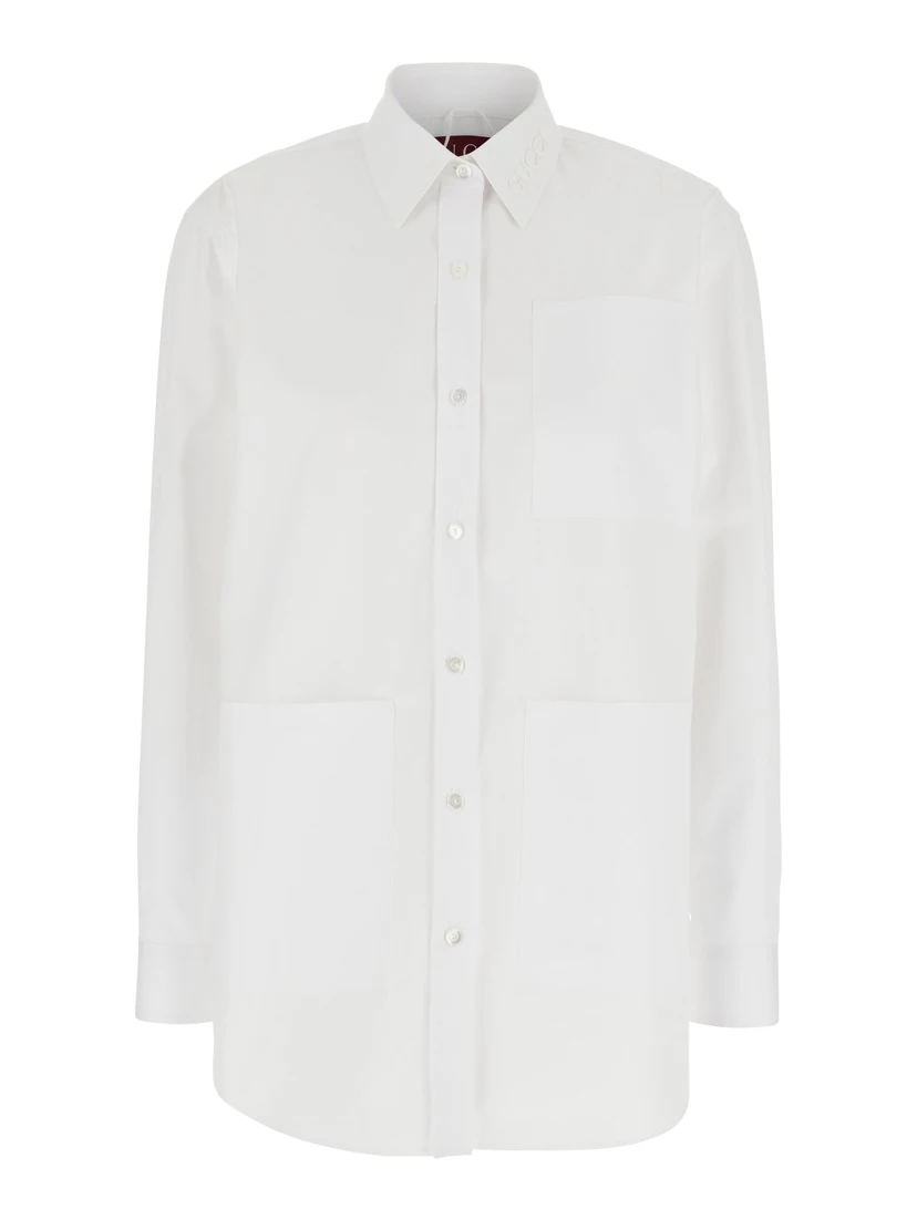 White Shirt with Tonal Logo Lettering Embroidery on the Collar in Cotton Woman