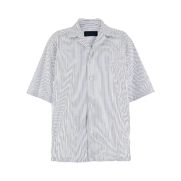 Blue Bowling Shirt with Cuban Collar and All-Over Striped Motif in Cotton Blend Man