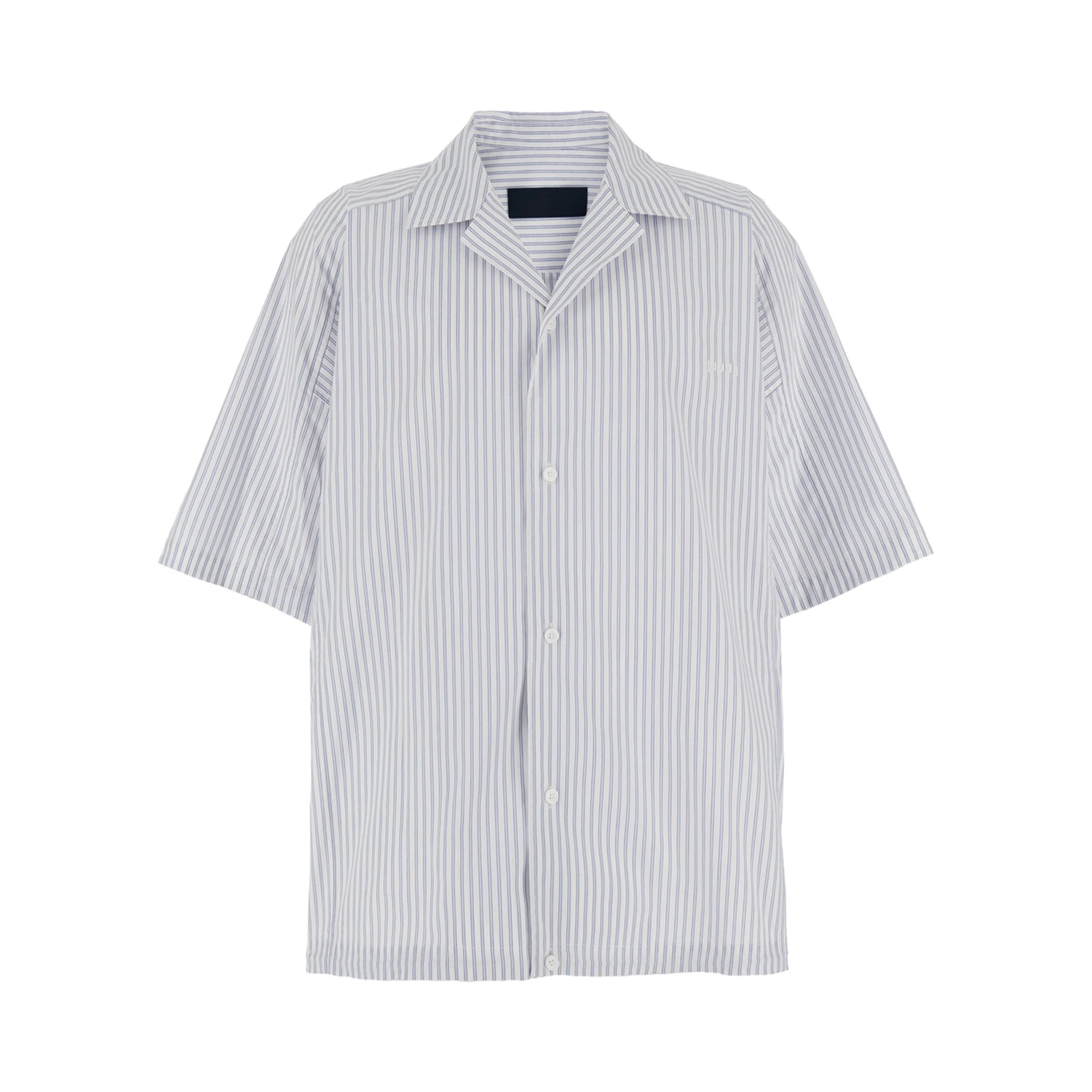 Blue Bowling Shirt with Cuban Collar and All-Over Striped Motif in Cotton Blend Man