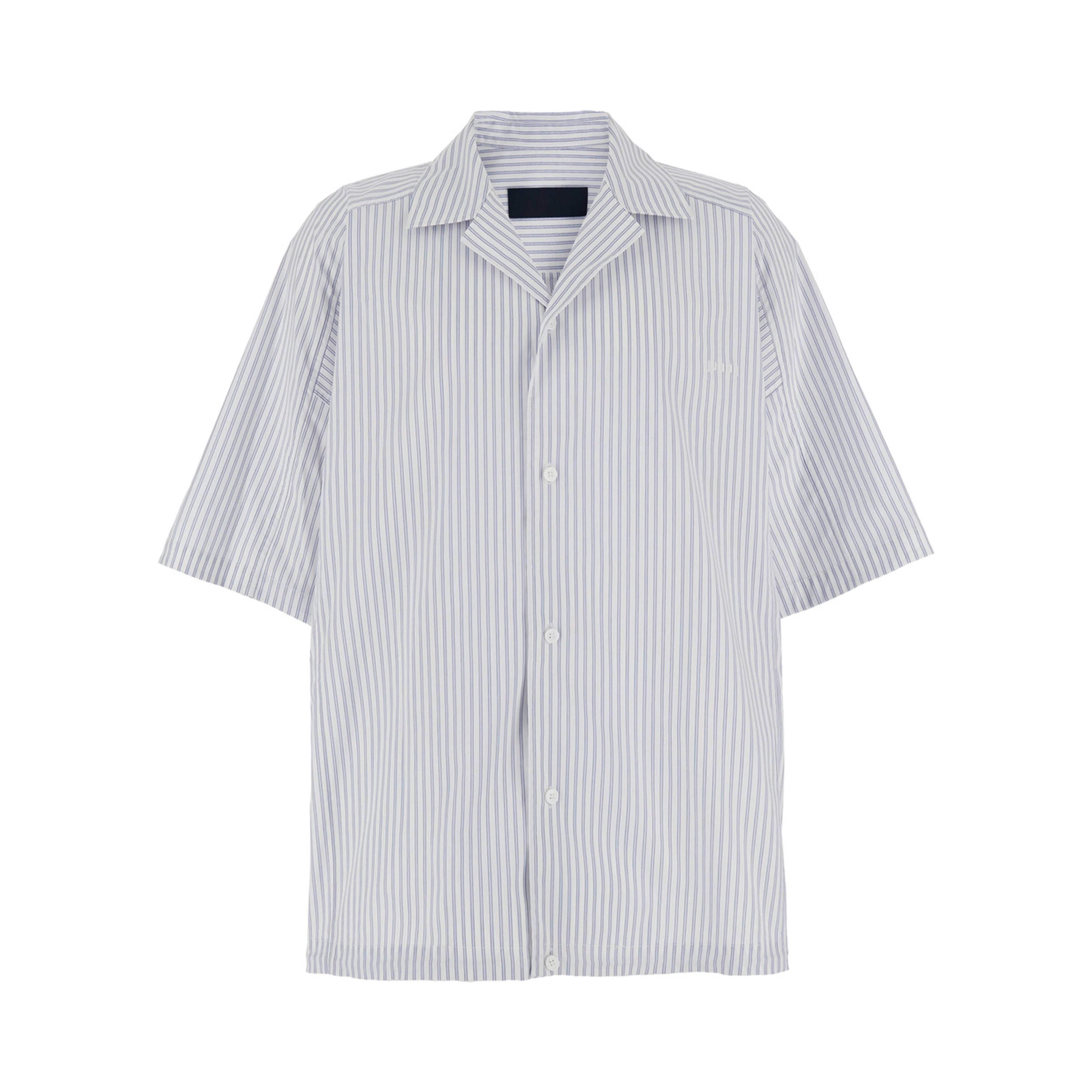 Blue Bowling Shirt with Cuban Collar and All-Over Striped Motif in Cotton Blend Man