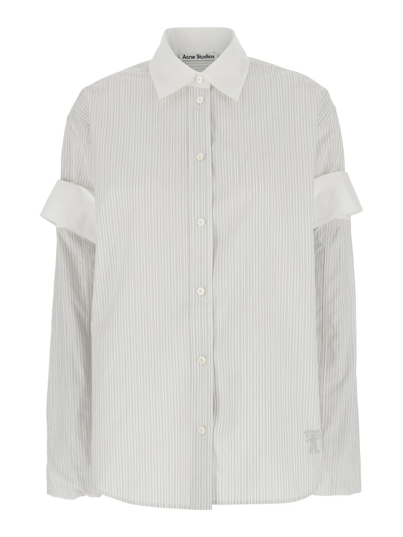 White Layered Shirt with All-Over Striped Motif in Cotton Woman