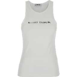 بلوزة بيضاء بدون أكمام بياقة دائرية وطبعة أمامية من قماش تقني للنساء