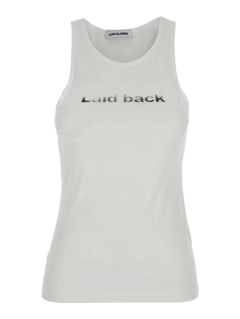 Laid Back White Sleeveless Top with Round Neck and Print on the Front in Tech Fabric Woman
