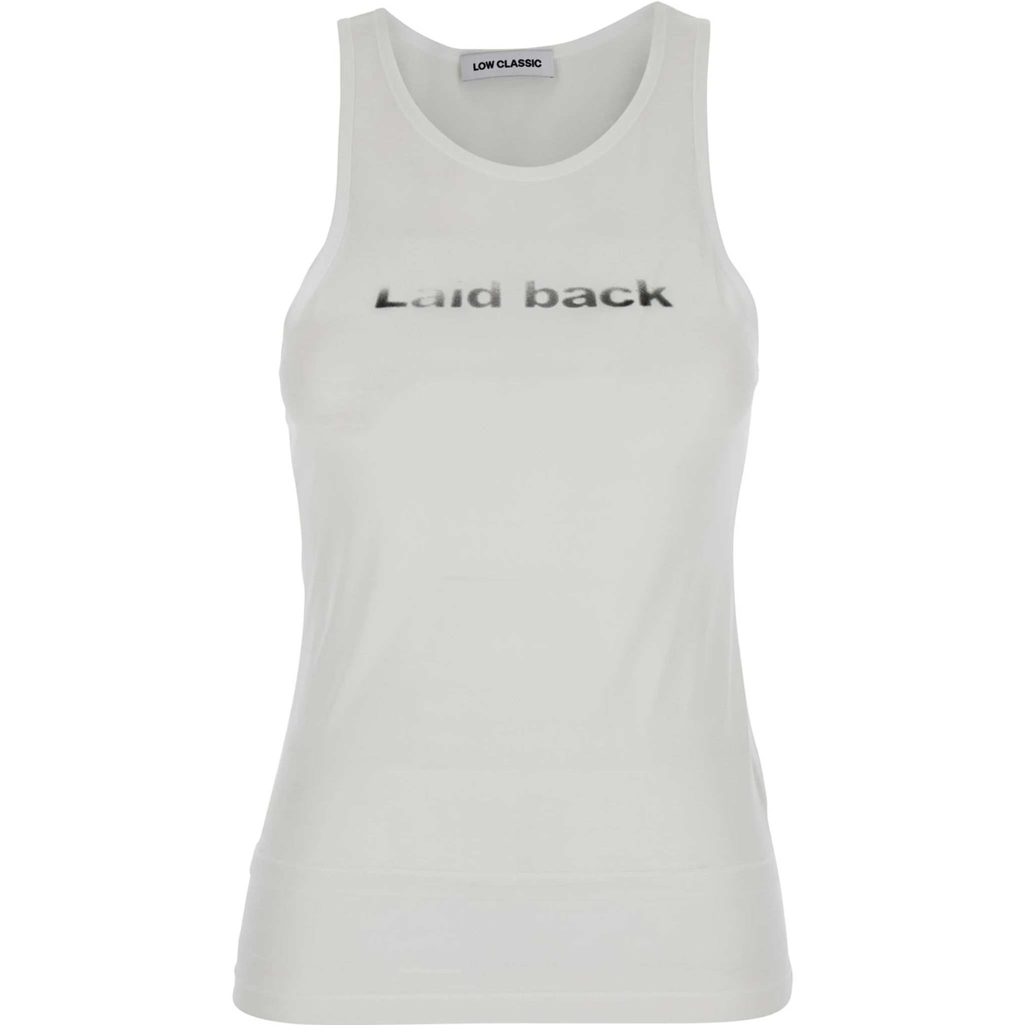 بلوزة بيضاء بدون أكمام بياقة دائرية وطبعة أمامية من قماش تقني للنساء