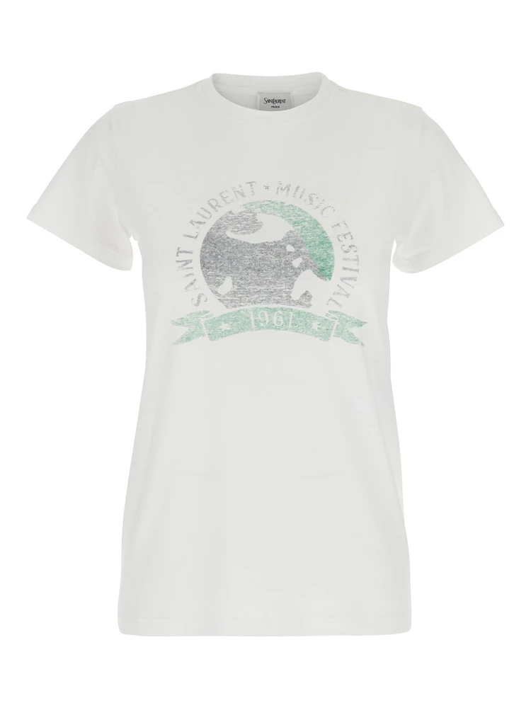 White T-Shirt with Graphic Print on the Front in Cotton Woman