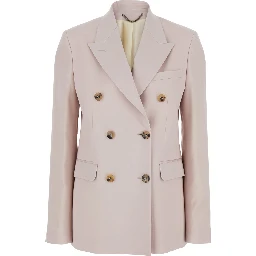 Pink Double-Breasted Jacket with Peak Revers and Logo Plaque Detail in on the Rear in Wool Woman