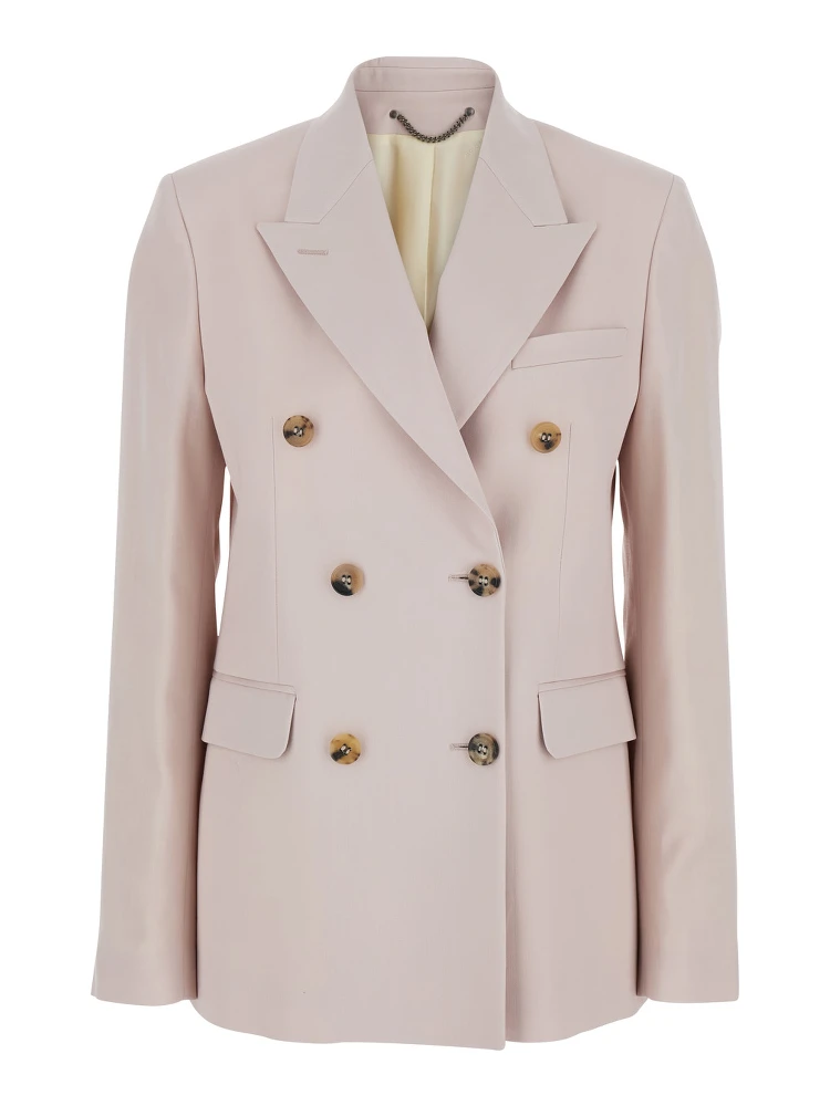 Pink Double-Breasted Jacket with Peak Revers and Logo Plaque Detail in on the Rear in Wool Woman