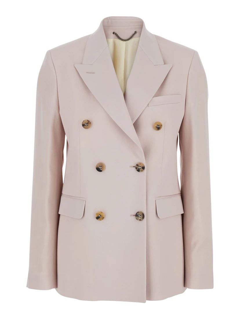 Pink Double-Breasted Jacket with Peak Revers and Logo Plaque Detail in on the Rear in Wool Woman