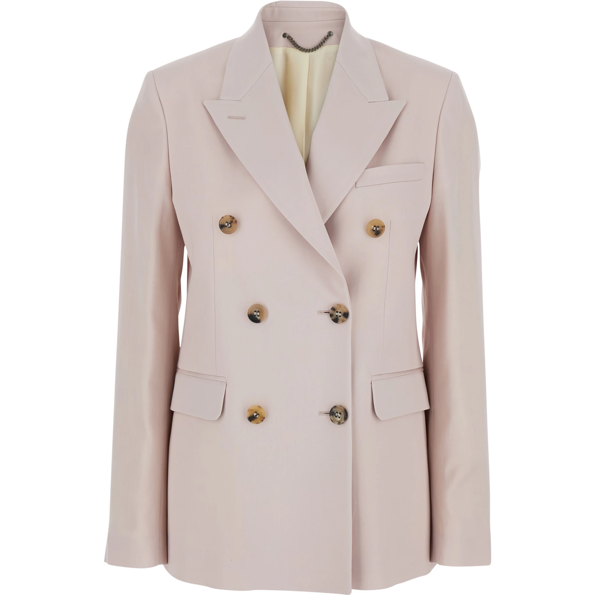 Pink Double-Breasted Jacket with Peak Revers and Logo Plaque Detail in on the Rear in Wool Woman