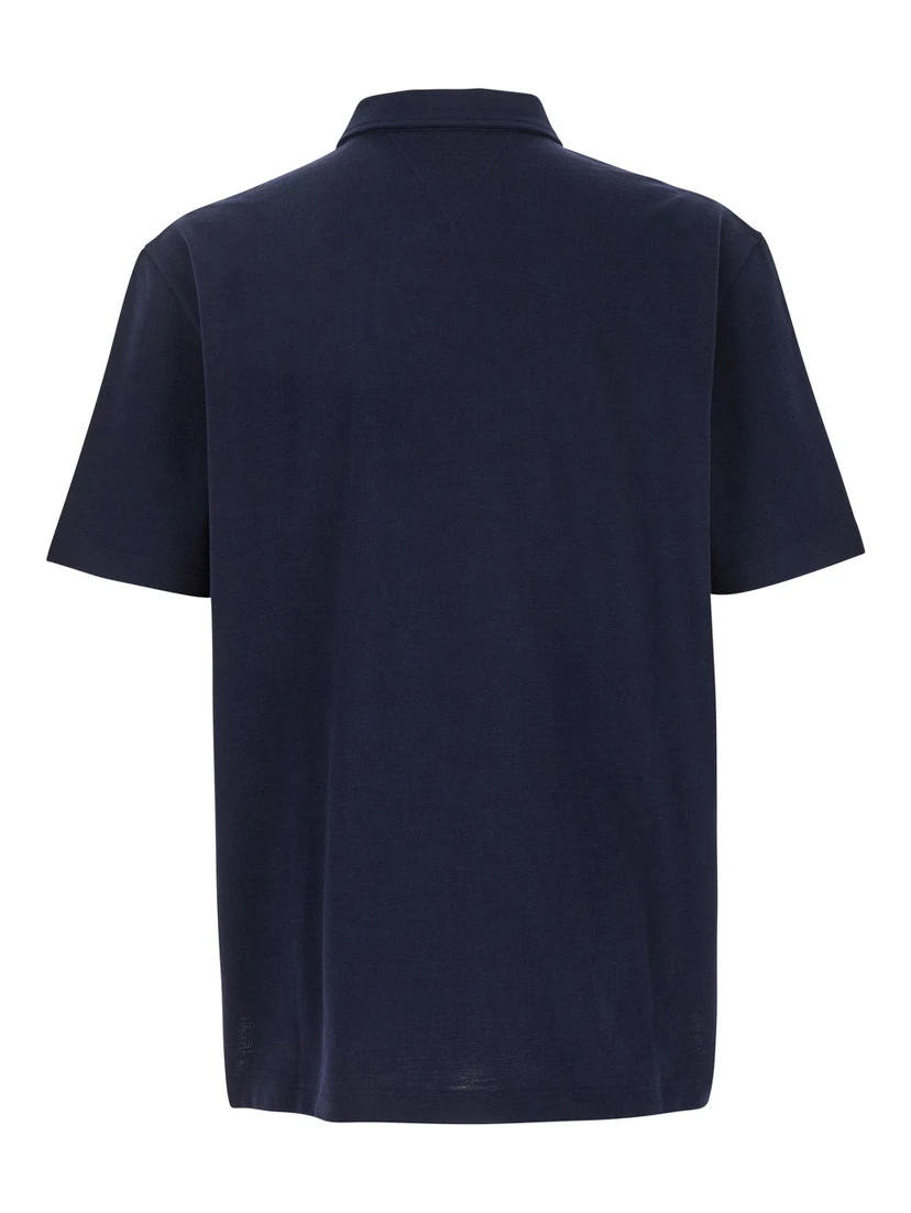 Blue Polo with Classic Collar and Embroidered Logo on the Front in Tone on Tone Cotton Man
