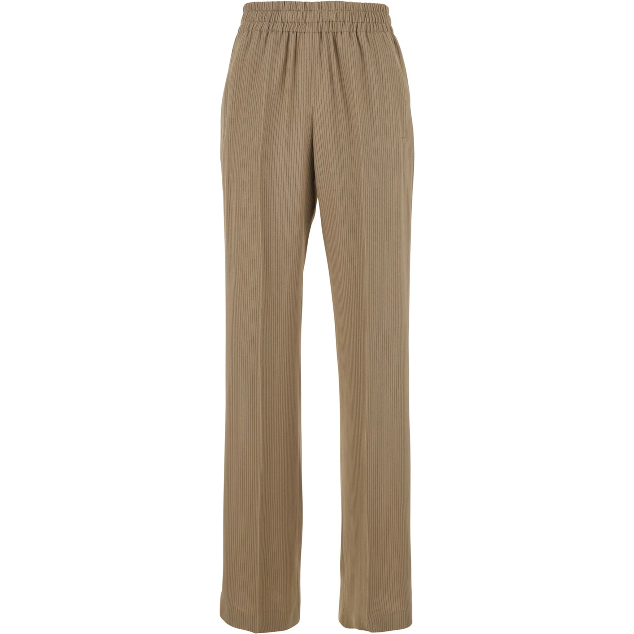 بنطال بريتاني بيج مزين بشعار مميز في الخلف ونقشة مخططة بالكامل، مصنوع من مزيج الفسكوز للنساء