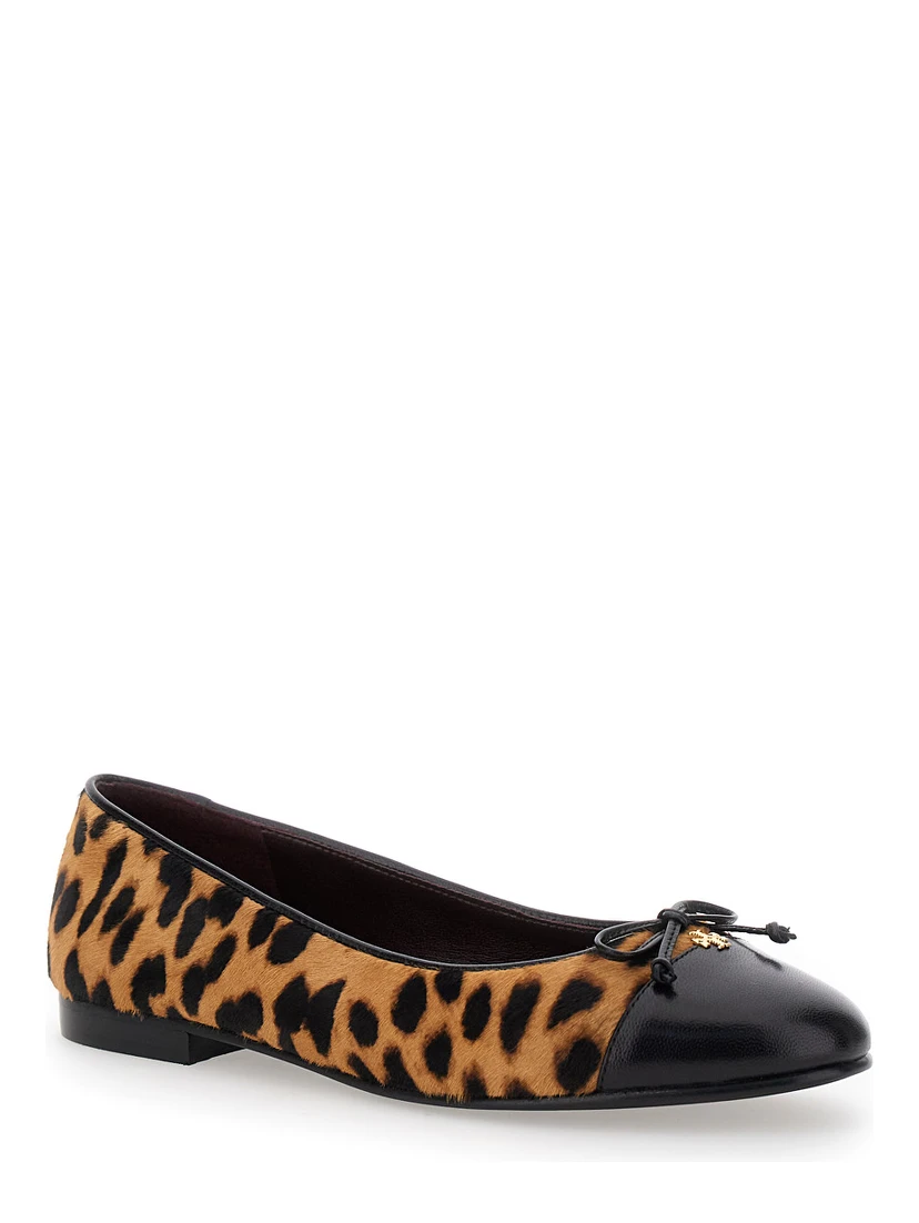 Brown Ballet Shoes with Cap Toe and Leopard Print in Leather Woman