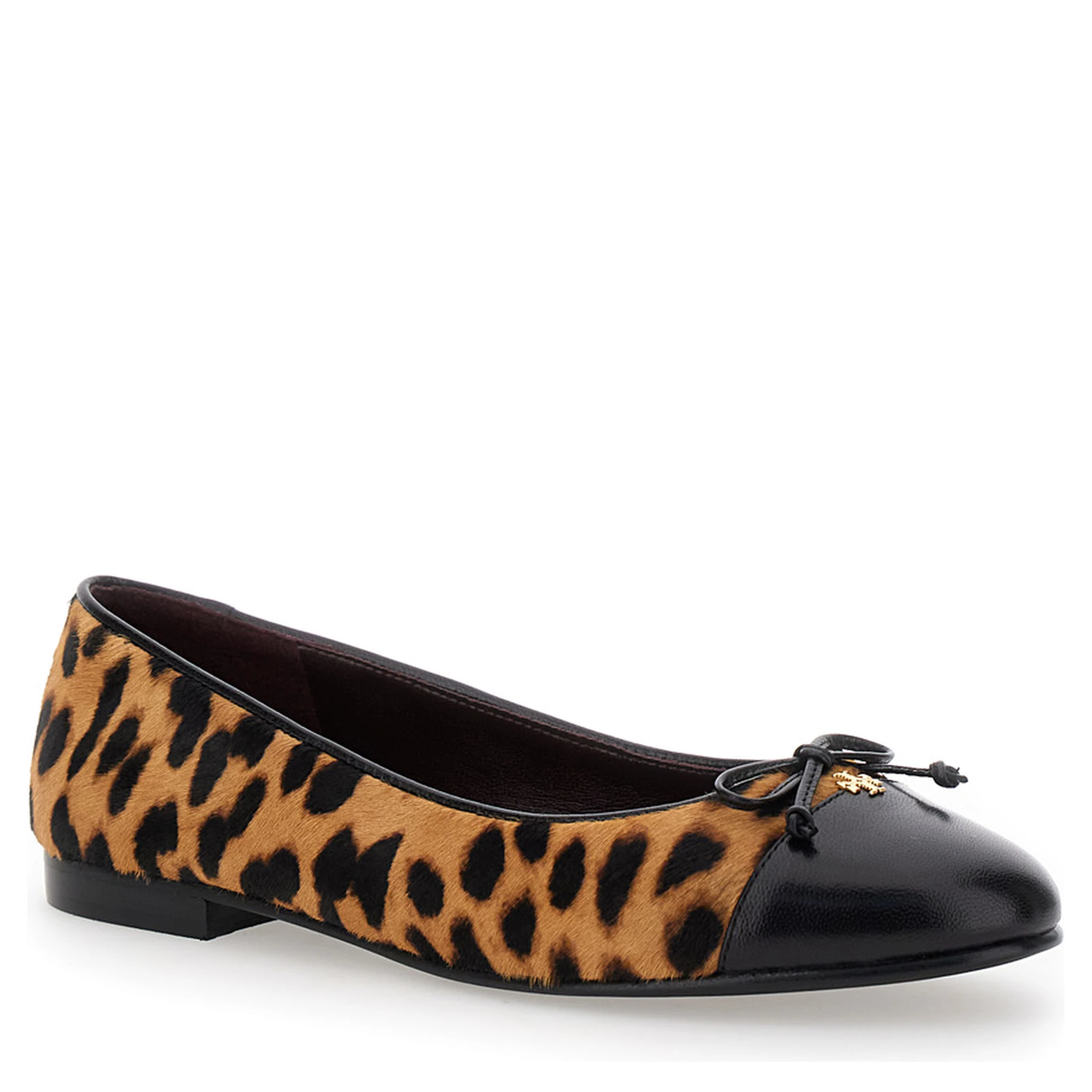 Brown Ballet Shoes with Cap Toe and Leopard Print in Leather Woman