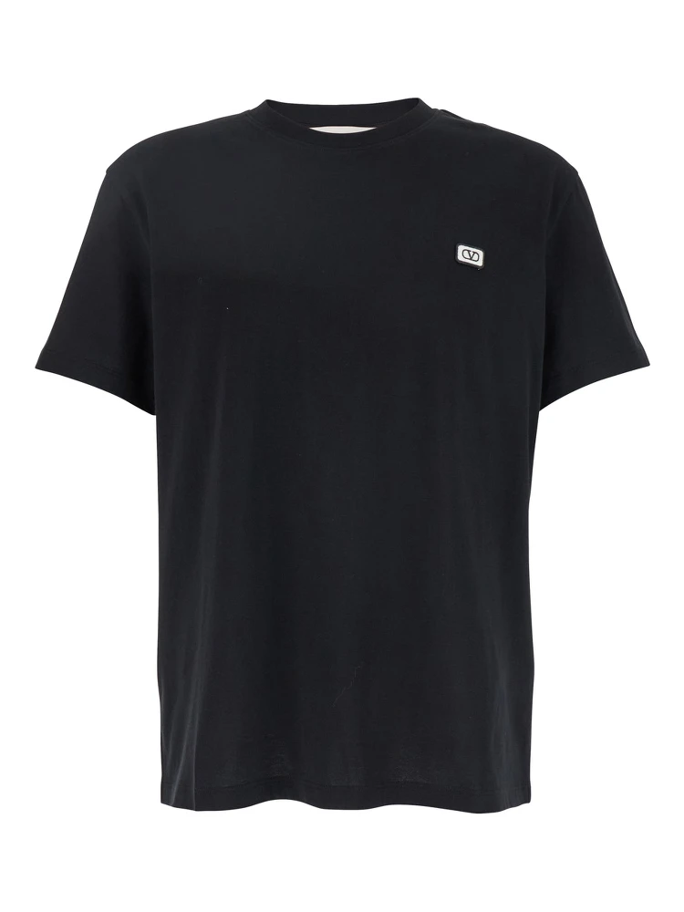 Black Crewneck T-Shirt with Logo Patch on the Front in Cotton Man