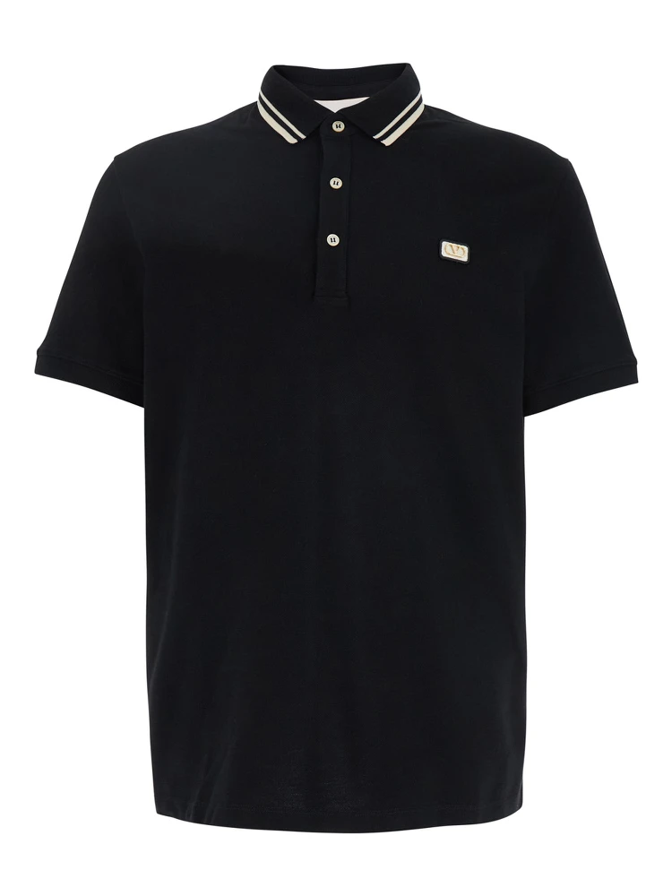 Black Polo Shirt with Classic Bicolor Collar and Logo Patch on the Front in Cotton Man