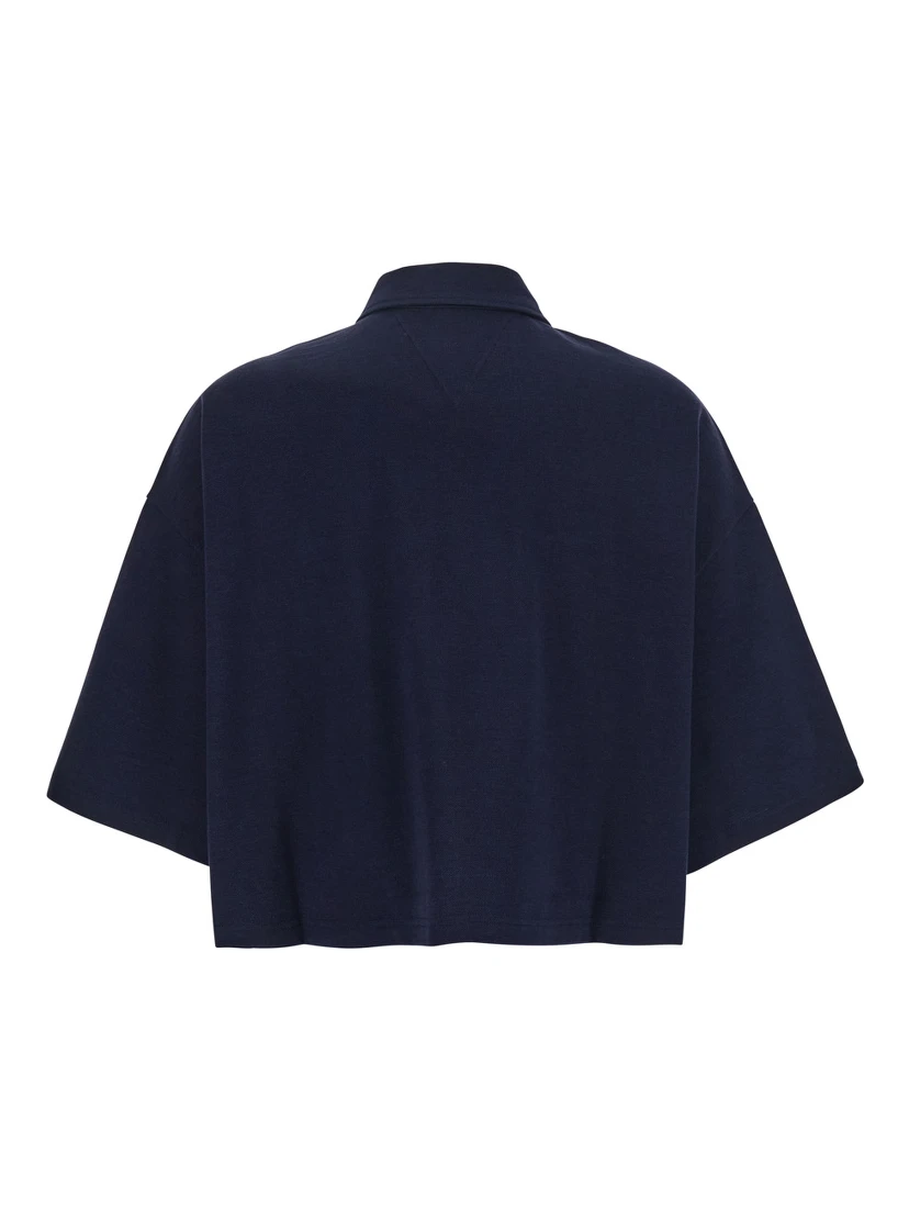 Blue Cropped Polo Shirt with Embroidered Logo in Cotton Piquet Woman