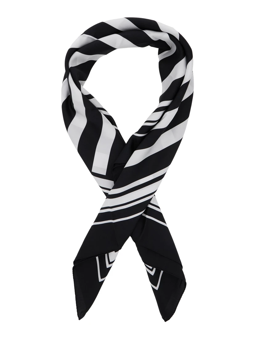 Black and White Square Scarf with Logo Lettering on the Front and All-Over Striped Motif in Silk Man