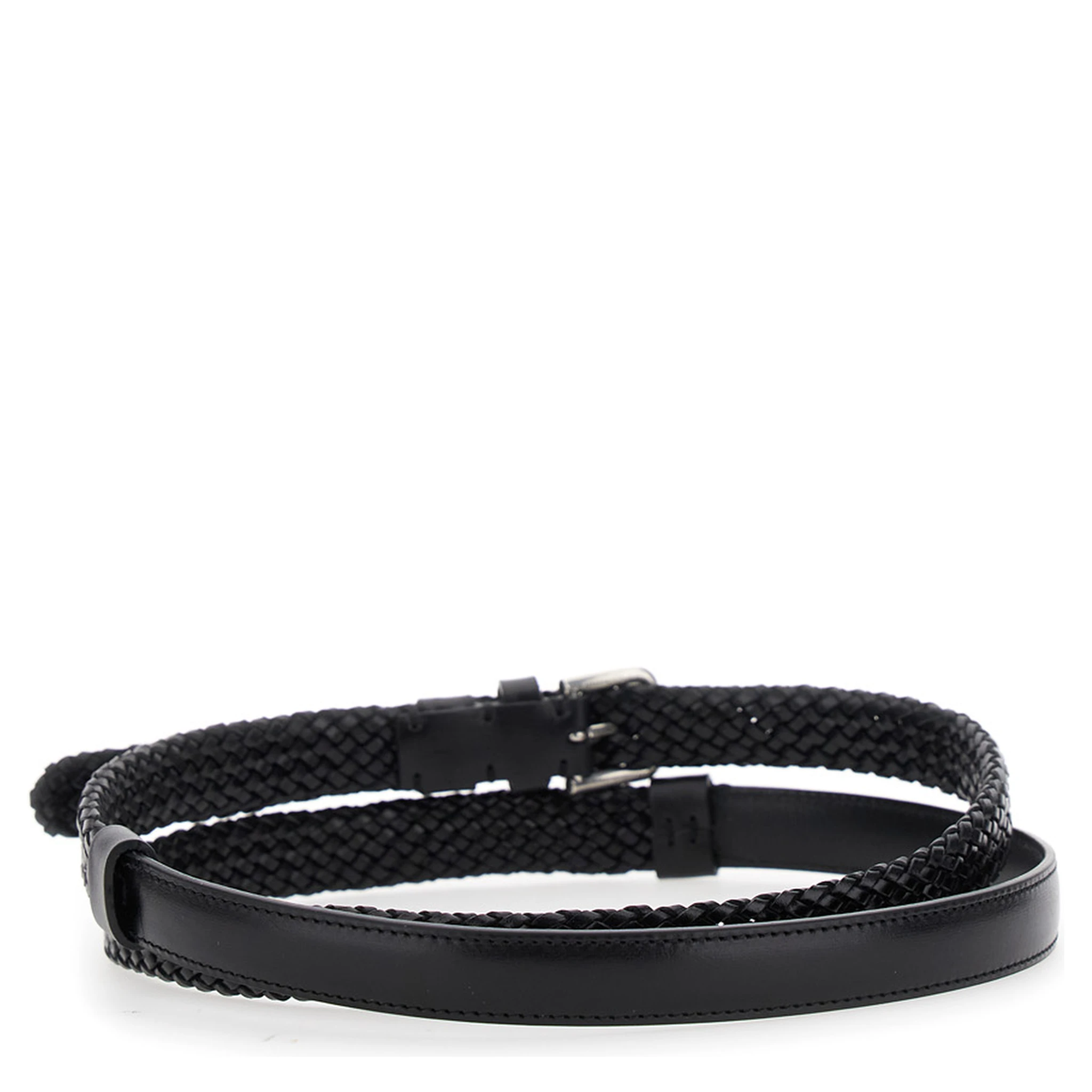 Black Belt with Buckle Closure and Interwoven Design in Leather Man