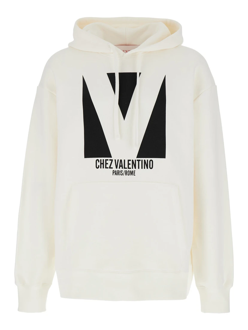 Chez White Hoodie with Drawstring Hood and Maxi Logo Print on the Front in Cotton Man