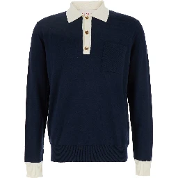 Blue Knitted Polo Shirt with Patch Pocket on the Chest in Cotton Man