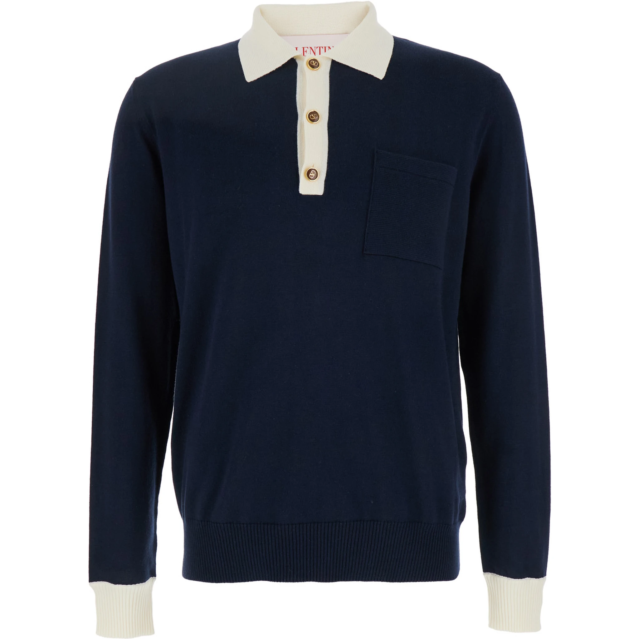 Blue Knitted Polo Shirt with Patch Pocket on the Chest in Cotton Man