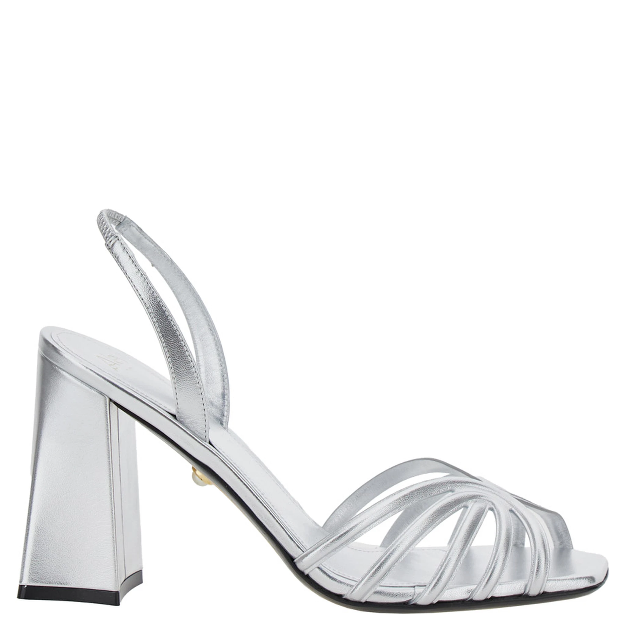 Tara Metallic Sandals with Elastic Ankle Strap and Block Heel in Leather Woman