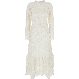 Agathe Applique White Crewneck Long Dress with Asymmetric Hem in Tech Fabric Woman