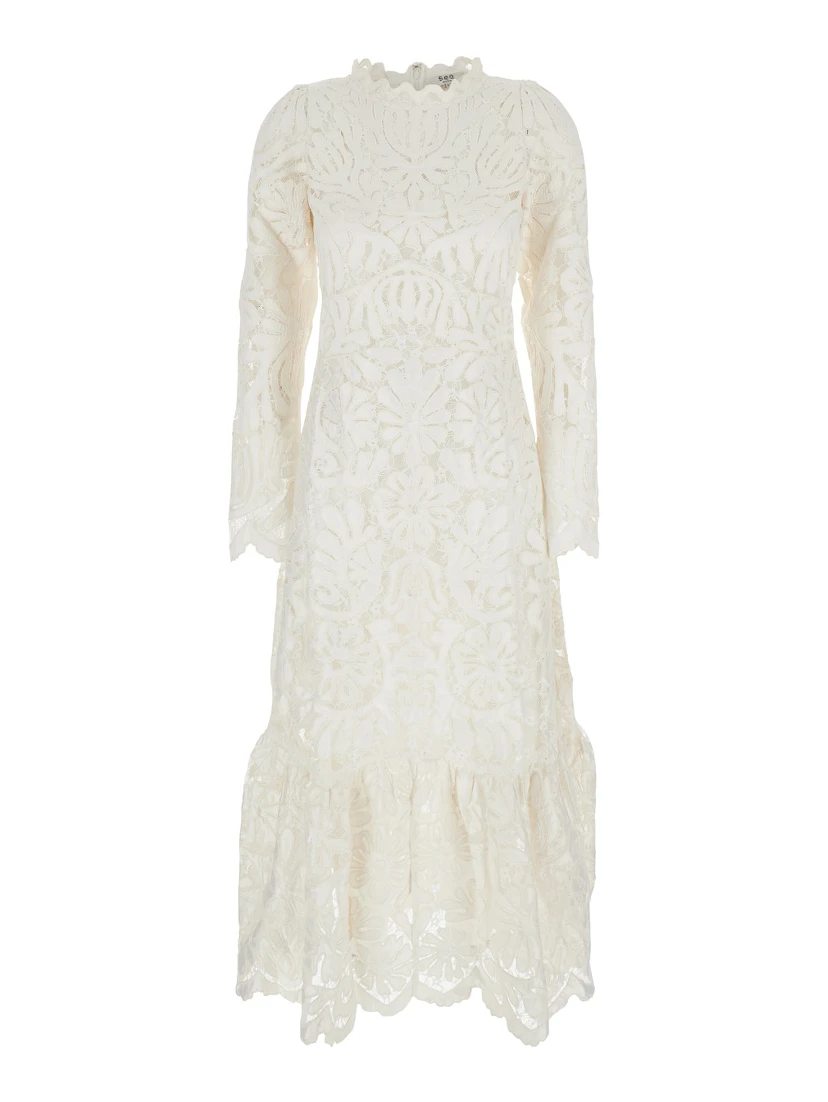 Agathe Applique White Crewneck Long Dress with Asymmetric Hem in Tech Fabric Woman