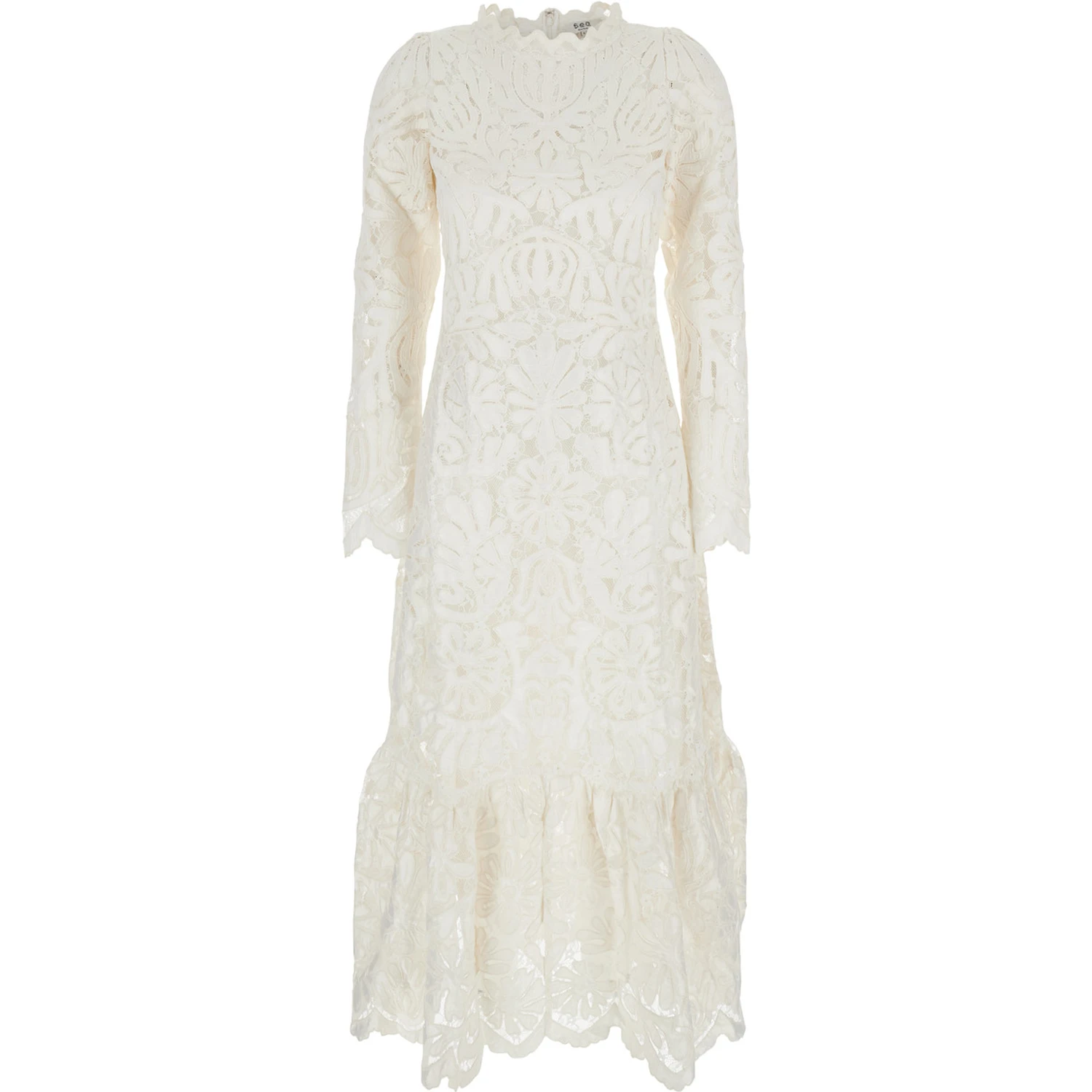 Agathe Applique White Crewneck Long Dress with Asymmetric Hem in Tech Fabric Woman