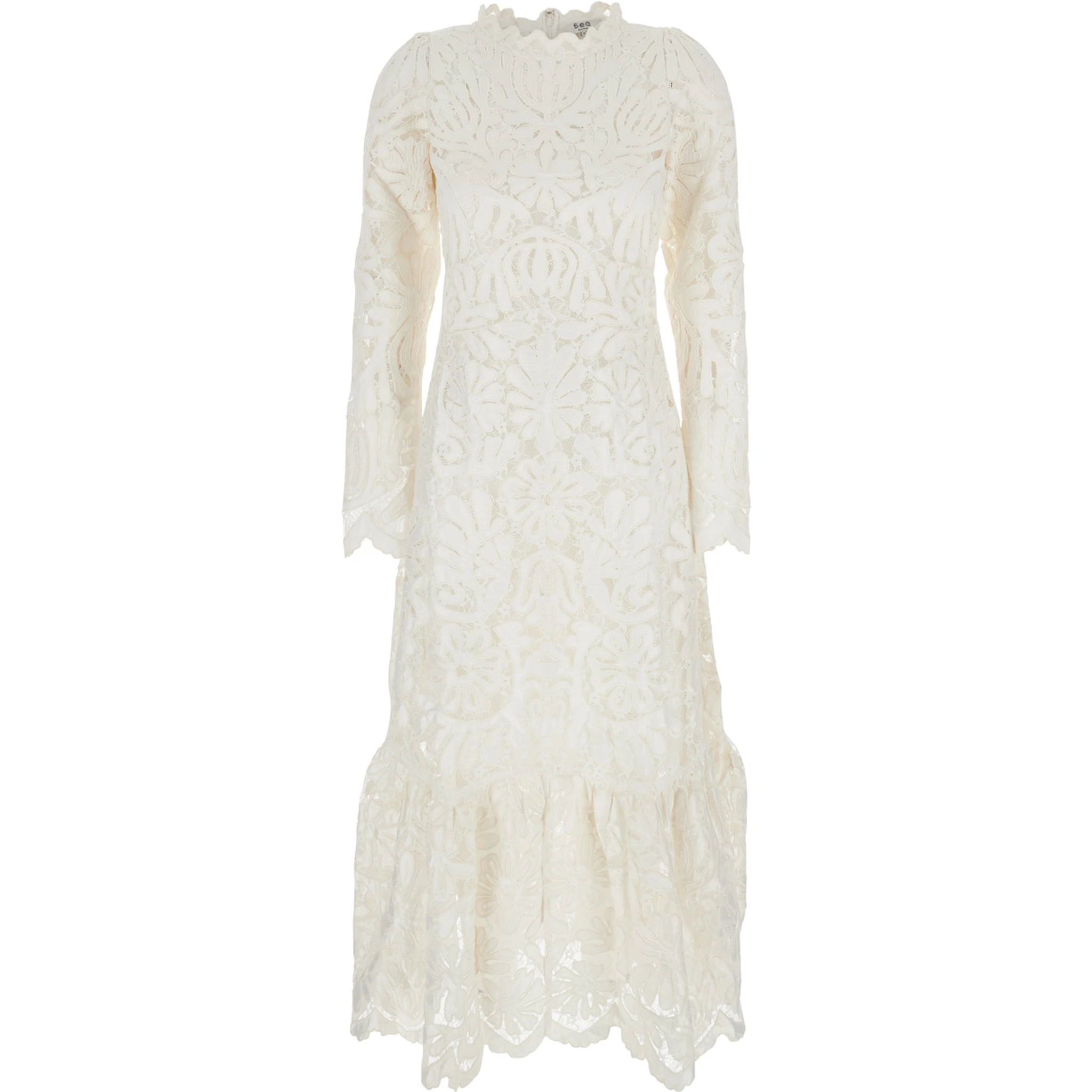 Agathe Applique White Crewneck Long Dress with Asymmetric Hem in Tech Fabric Woman