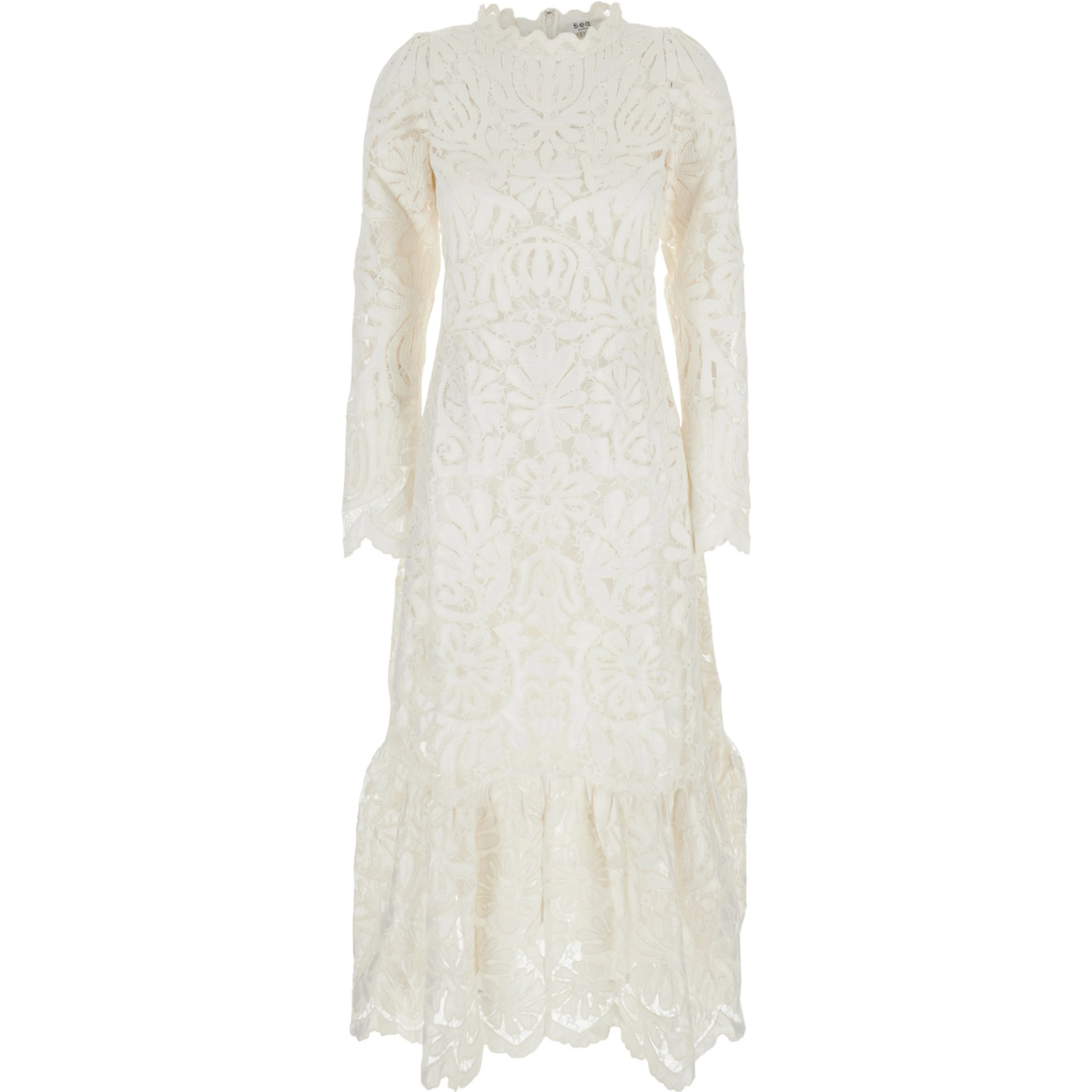 Agathe Applique White Crewneck Long Dress with Asymmetric Hem in Tech Fabric Woman