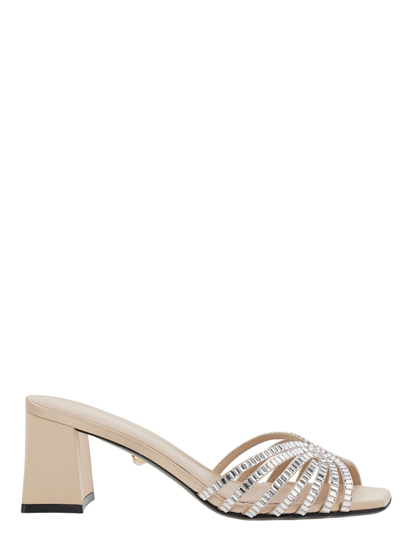 Vittoria Metallic Rhinestoned Sandals with Block Heel in Leather Woman
