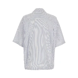 Blue Bowling Shirt with Cuban Collar and All-Over Striped Motif in Cotton Blend Man