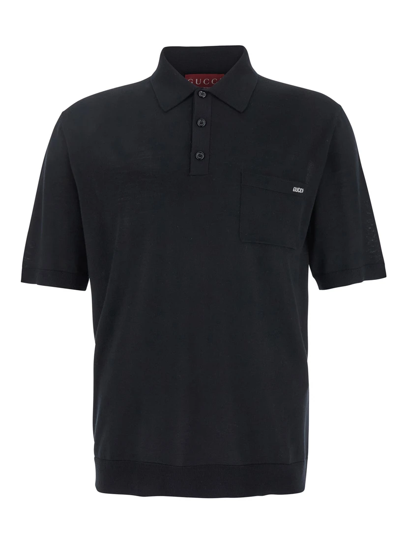Black Polo Shirt with Chest Pocket and Embroidered Logo on the Front in Fine Silk Knit Man