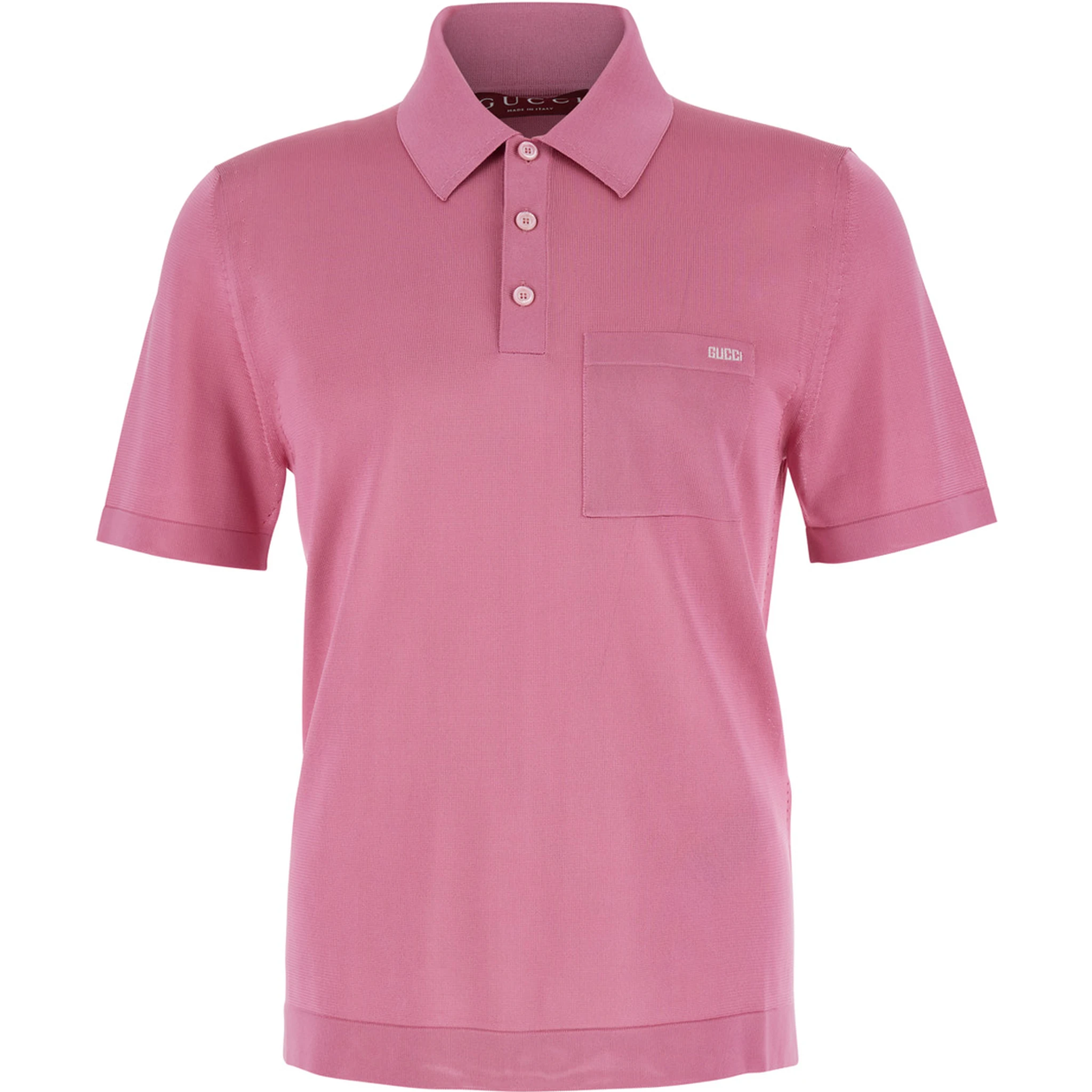 قميص بولو وردي اللون بجيب على الصدر وشعار مطرز في الأمام مصنوع من حرير ناعم للرجال