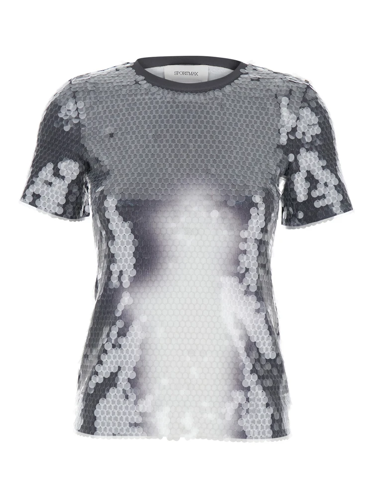 Grey T-Shirt with All-Over Applied Sequins in Tech Fabric Woman