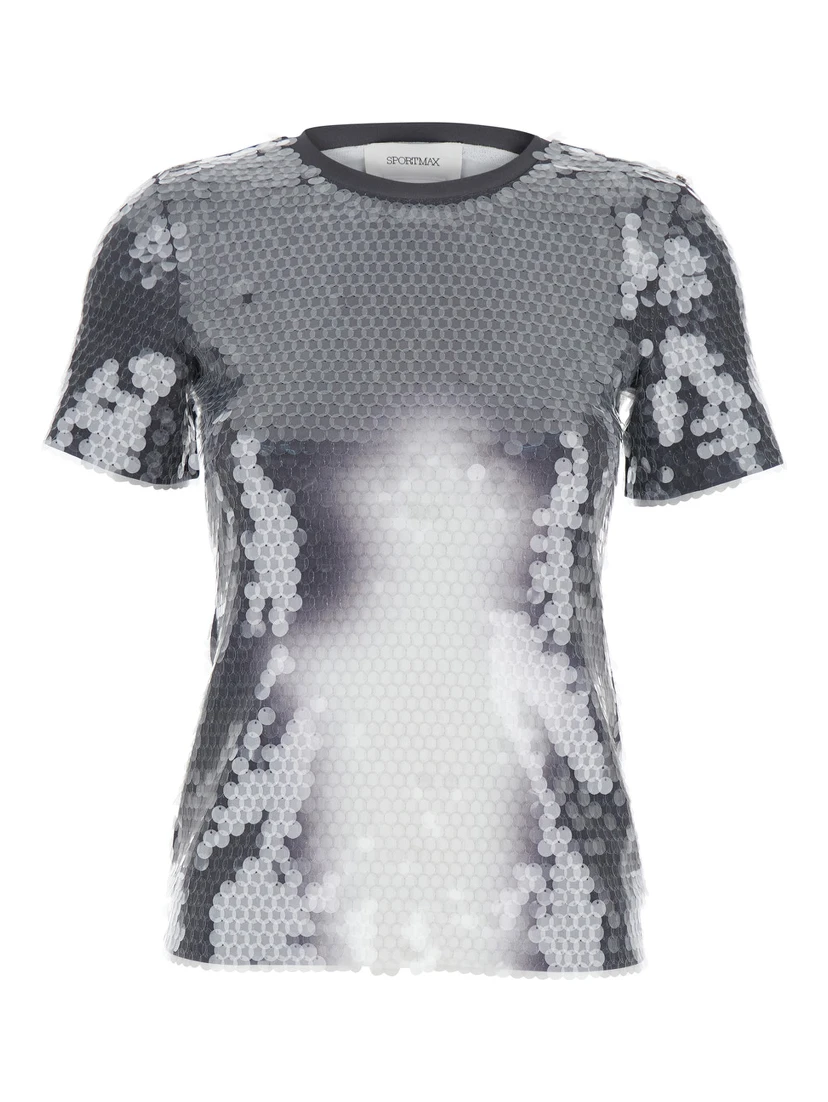 Grey T-Shirt with All-Over Applied Sequins in Tech Fabric Woman