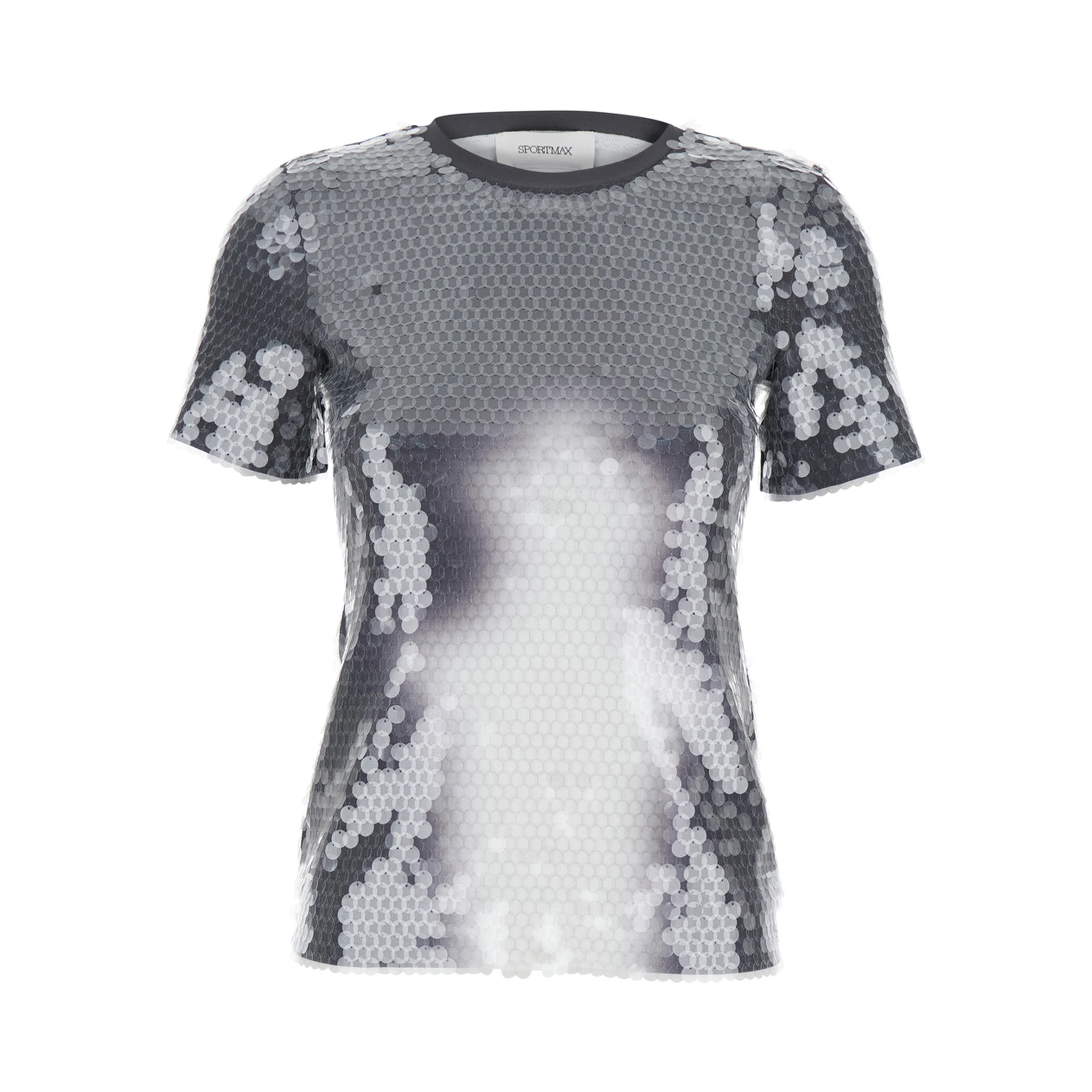 Grey T-Shirt with All-Over Applied Sequins in Tech Fabric Woman