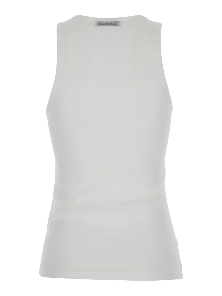 Laid Back White Sleeveless Top with Round Neck and Print on the Front in Tech Fabric Woman alternative
