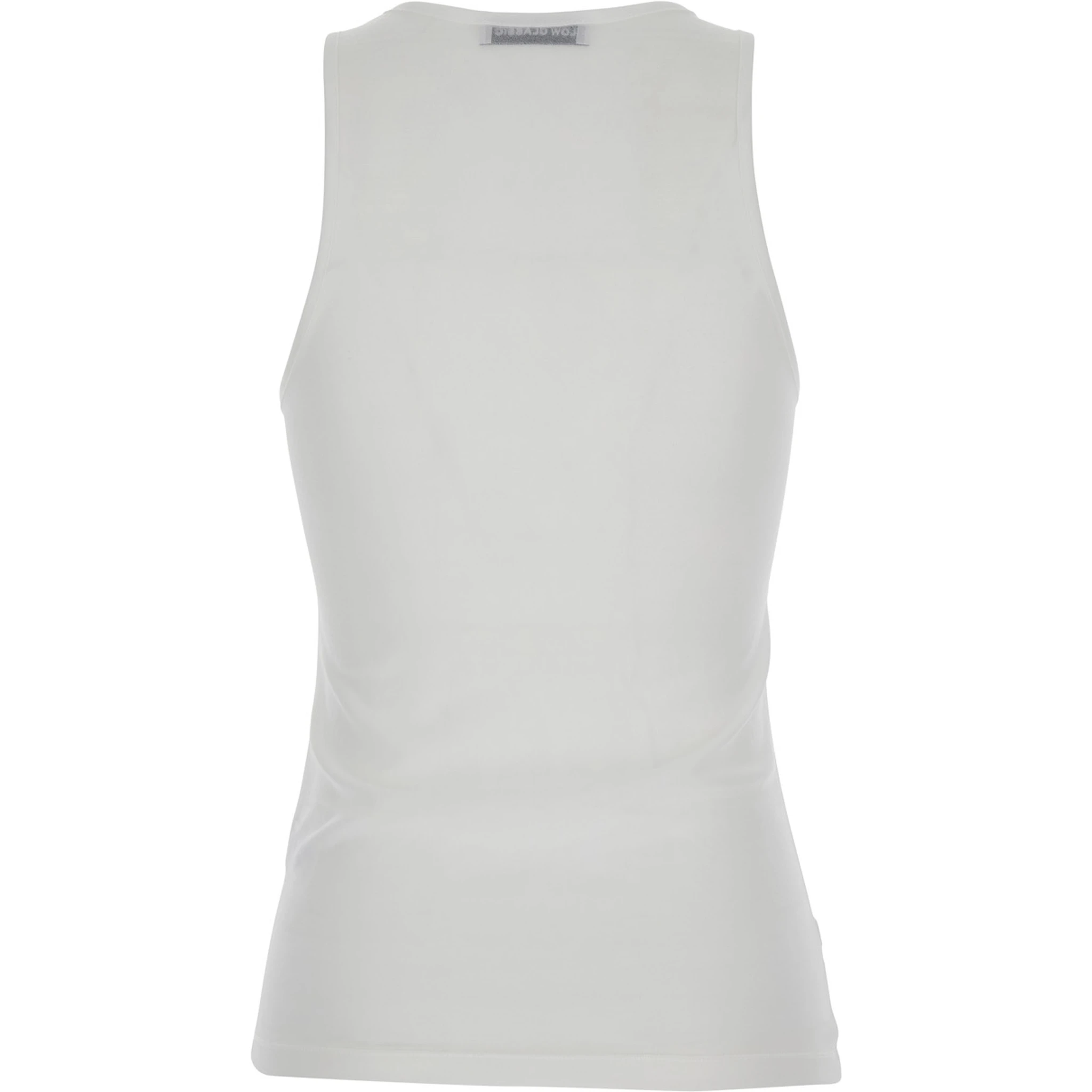 بلوزة بيضاء بدون أكمام بياقة دائرية وطبعة أمامية من قماش تقني للنساء