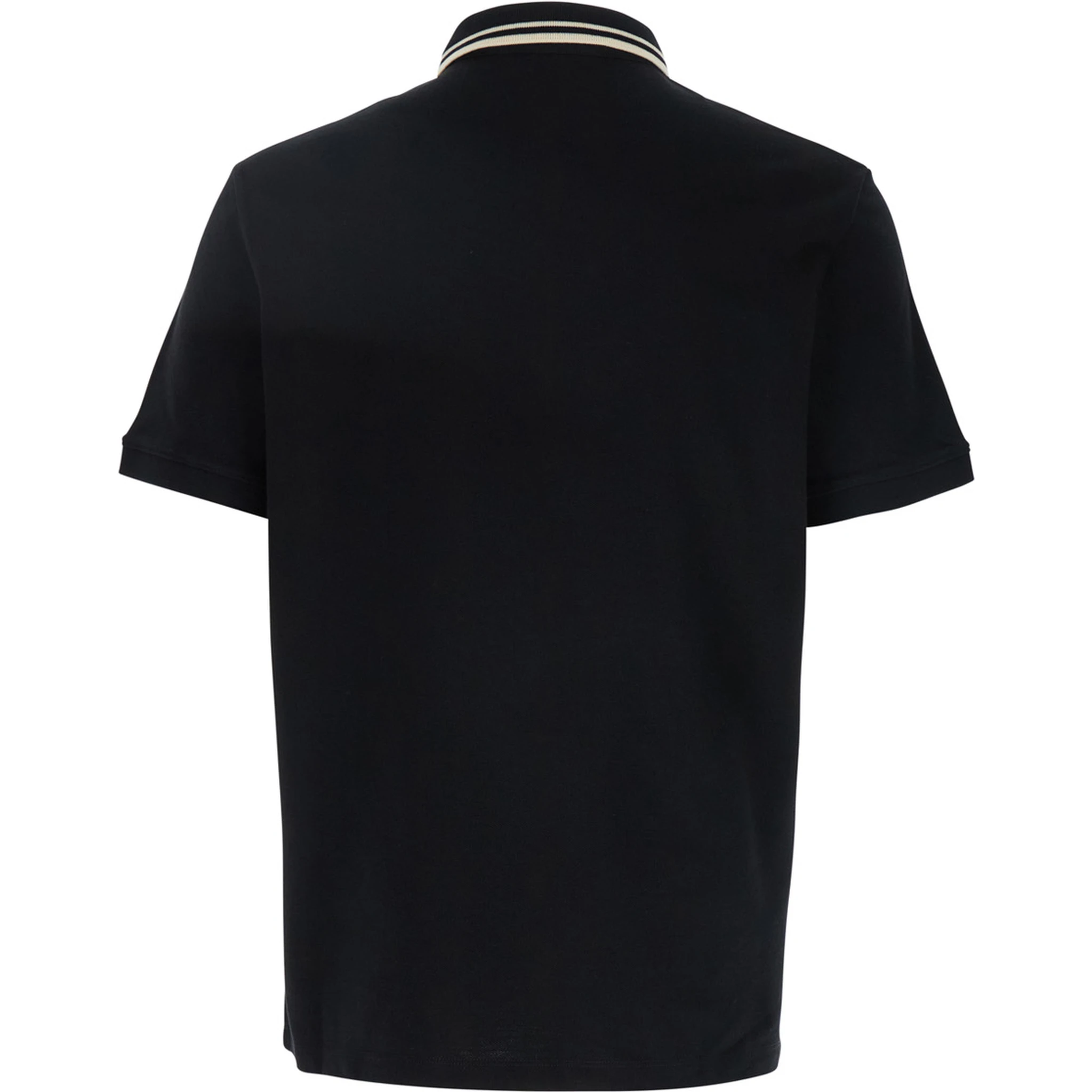 قميص بولو أسود بياقة كلاسيكية ثنائية اللون وشعار مطبوع على الجهة الأمامية، مصنوع من القطن الرجالي