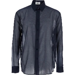 Blue Shirt with Classic Collar and Contrasting Details in Cotton and SIlk Man