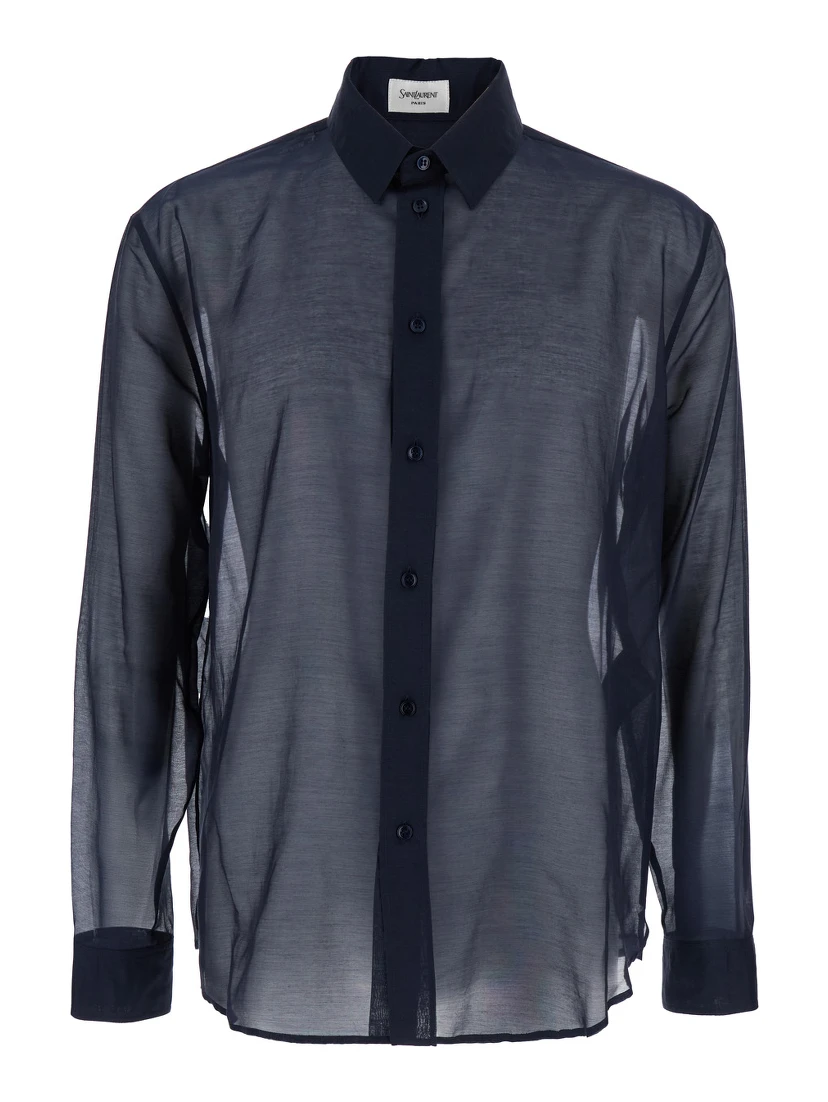 قميص أزرق بياقة كلاسيكية وتفاصيل متباينة من القطن والحرير للرجال