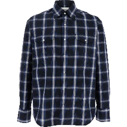 Blue Shirt with Classic Collar and All-Over Check Motif in Cotton Man