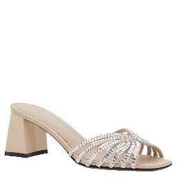 Vittoria Metallic Rhinestoned Sandals with Block Heel in Leather Woman