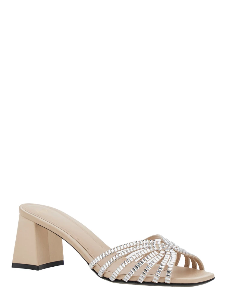 Vittoria Metallic Rhinestoned Sandals with Block Heel in Leather Woman alternative