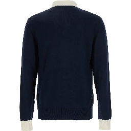 Blue Knitted Polo Shirt with Patch Pocket on the Chest in Cotton Man