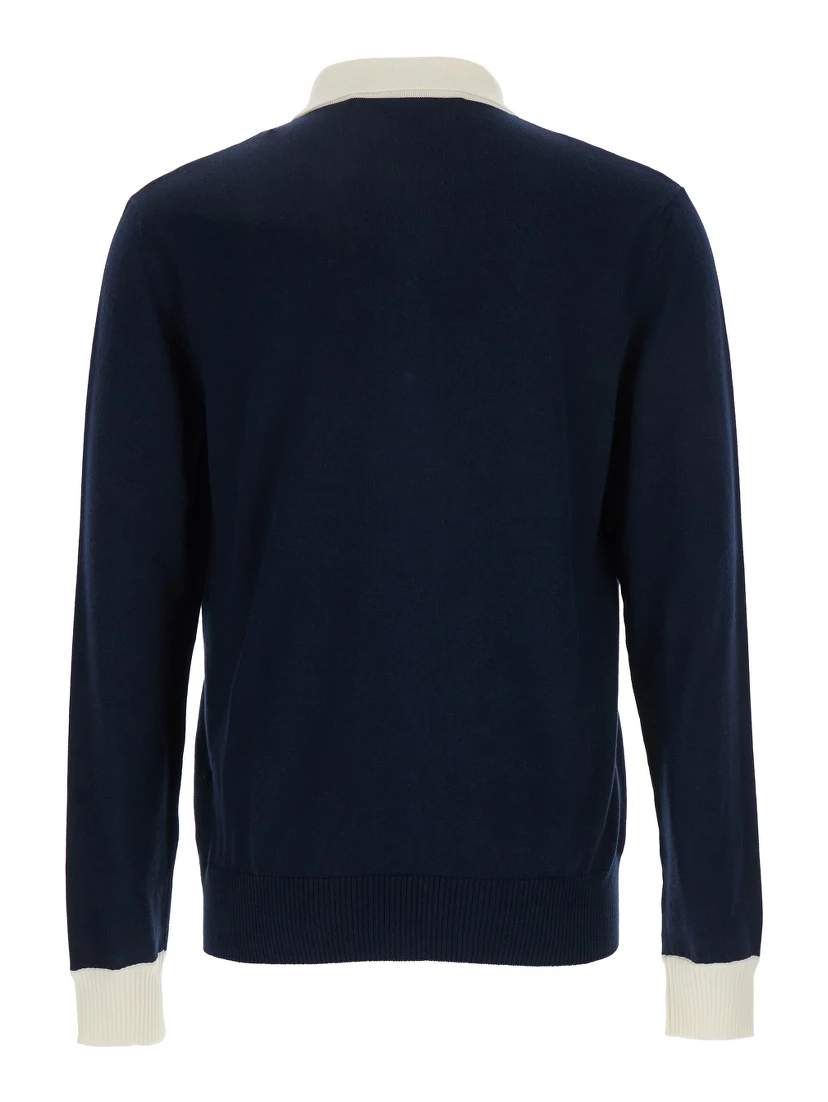 Blue Knitted Polo Shirt with Patch Pocket on the Chest in Cotton Man